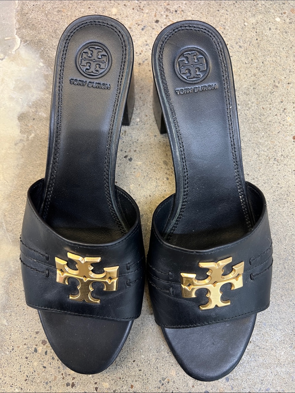 Tory Burch Black Leather Logo Block Heel Mules with Gold Hardware - Picture 3 of 6
